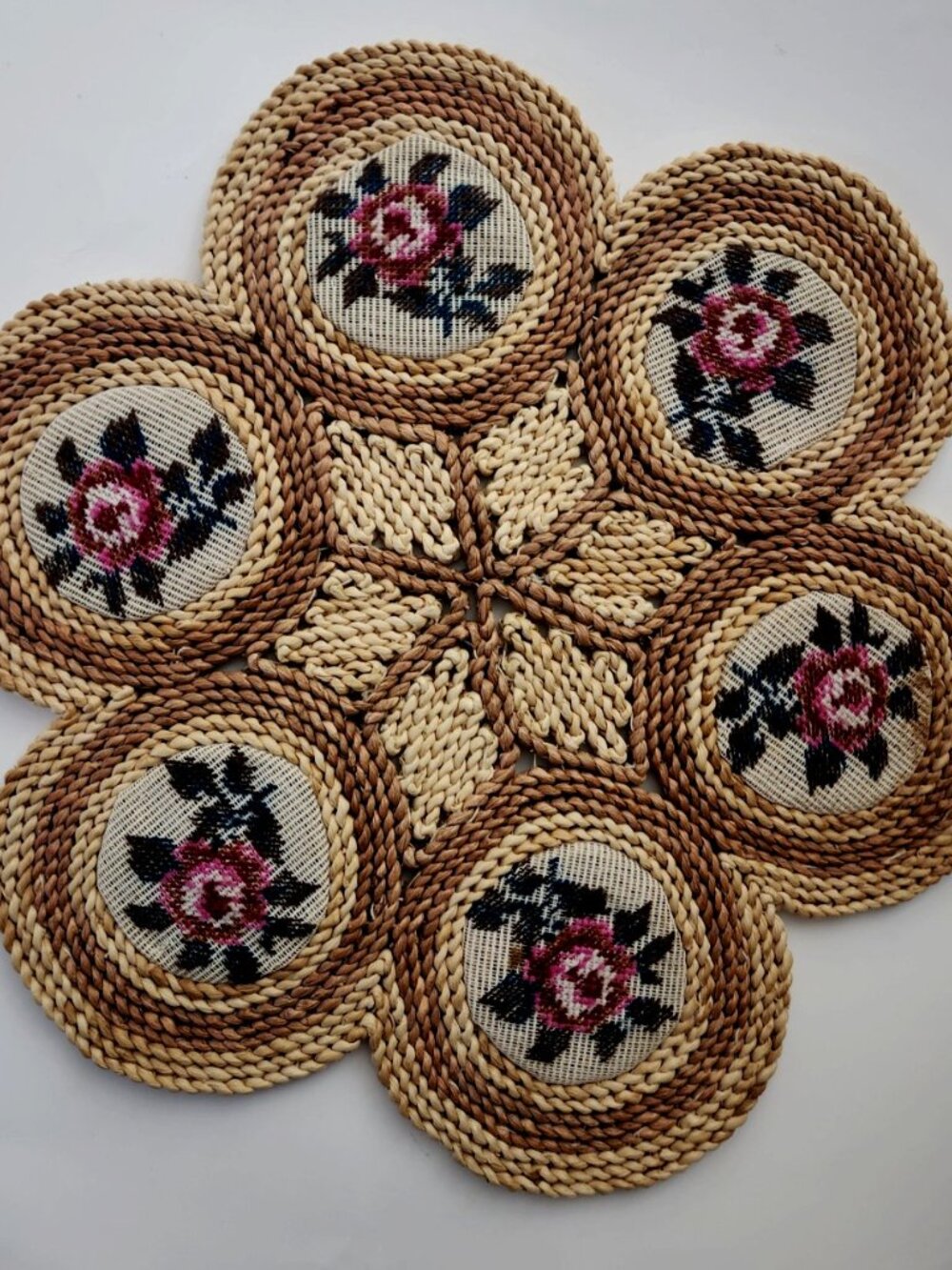 Vintage 1970's Woven Raffia Straw And Needlepoint Table Topper Centerpiece 18in